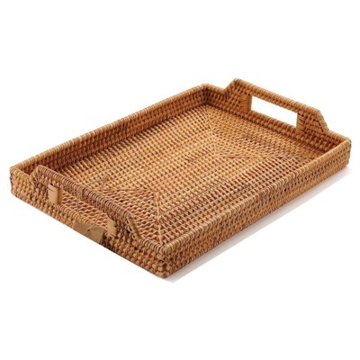 BRINJOY 17" Rectangular Natural Rattan Tray - Handwoven Table Tray with Handles