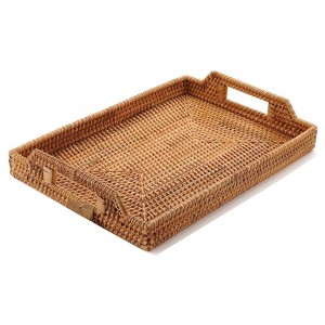 BRINJOY 17" Rectangular Natural Rattan Tray - Handwoven Table Tray with Handles - 1 of 4