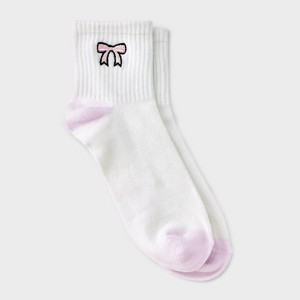Women's Embroidered Bow Ribbed Ankle Socks - Ivory/Pink 4-10: Lightweight, Banded Cuff, Recycled Polyester - 1 of 3