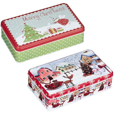Juvale 2-Piece Christmas Tin Gift Box, Rectangular Cookie Tin Candy Storage Containers with Lid 7.5”x4.5”x2.1”, Red/Green