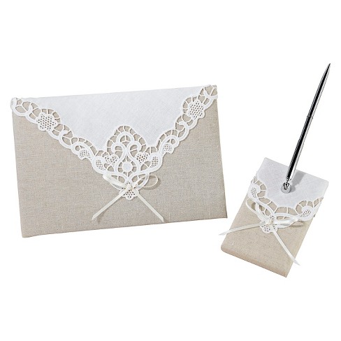 GB30b White Satin Bow Guest Book and Pens 