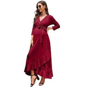 WhizMax Women's Maternity Dress V neck 3/4 Sleeve Ruffle Long Dress High Waist A Line Maxi Dress with Belt - 1 of 4
