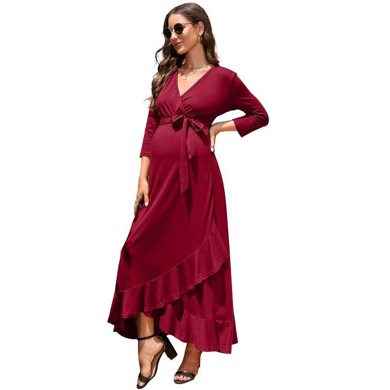 WhizMax Women's Maternity Dress V neck 3/4 Sleeve Ruffle Long Dress High Waist A Line Maxi Dress with Belt, 1 of 7