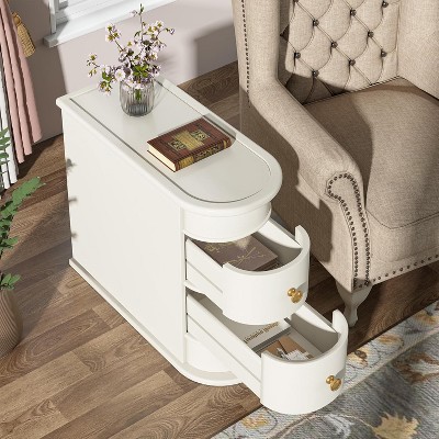 Off-White Round Wood Nightstand with Gold Handles and Storage