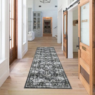 Washable Vintage Rug Non Slip Low Pile Rug Soft Floral Distressed Throw Floor Cover Foldable Indoor Carpet for Living Room Bedroom Playroom Nursery