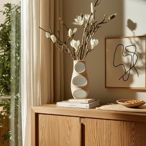 Decorative Vase - Pottery and Wood Sculptural Modern Speckled Vase -  Kitchen, Office, Living Room, or Bedroom Home Decor - 19" Ivory & Tan - 1 of 4
