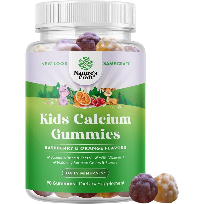 Kids Calcium Gummies, Toddler Vitamin D & Calcium Gummies for Children, Muscle Bone & Teeth Development, Raspberry & Orange, Nature's Craft, 90ct, 1 of 5