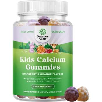 Kids Calcium Gummies, Toddler Vitamin D & Calcium Gummies for Children, Muscle Bone & Teeth Development, Raspberry & Orange, Nature's Craft, 90ct