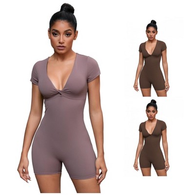 INSPIRE CHIC 3 Pcs Women's Cross Front Tummy Control Slimming Short Sleeve Body Shapers 2 Dark Brown 1 Brown X-Large