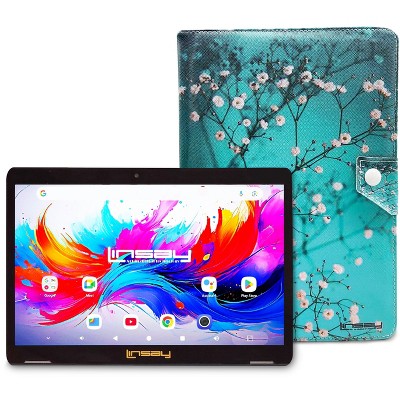 LINSAY 10.1"Octa Core  256GB Storage Android 15 Tablet with Flowers Marble Case