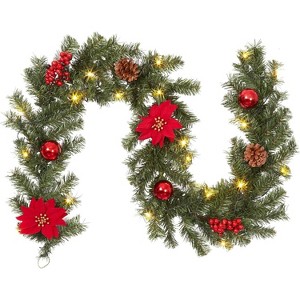 GAOMON Christmas Garland with Lights, 6Ft Battery Operated Garland Christmas Decorations with Poinsettias Ball Ornaments - 1 of 4