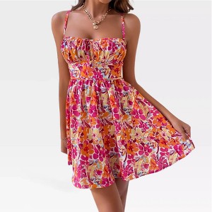 Garvee Womens Floral Print Spaghetti Strap Mini Dress Ruched Bust Backless  Lace Up A Line Summer Boho Short Sun Dresses : Target