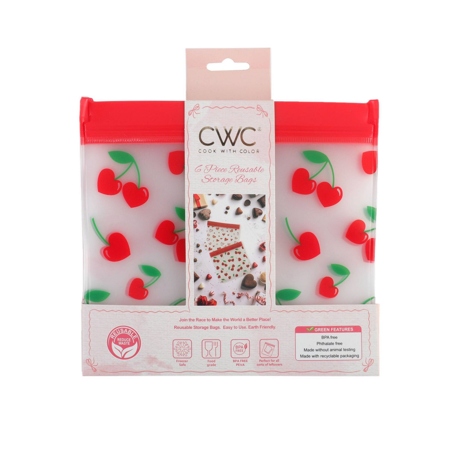 Cook With Color 6pk Reusable Treat Bags with Heart and Cherry Prints