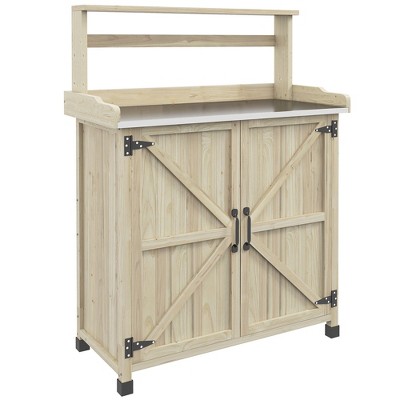 Dracelo Potting Bench, Outdoor Wooden Potting Table with Storage Cabinet with 2 Shelves, Natural