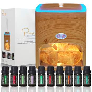 Pure Daily Care Himalayan Pink Salt Diffuser & 10 Essential Oils – Aromatherapy & Ionic Himalayan Salt - Light Wood