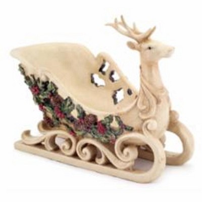 Melrose 9" Beige Reindeer Sleigh with Holly Leaves and Berries Christmas Tabletop Decor