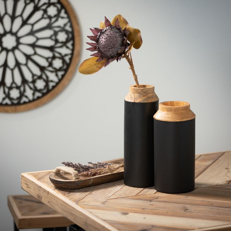 Sullivans Wood Vase With Black Wrap Set of 2, 14"H & 12"H Black, 4 of 6