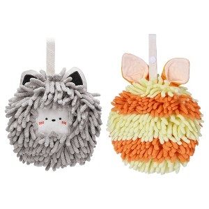 REGALWOVEN Rabbit Shape Quick Drying Soft Absorbent Decorative Chenille Fuzzy Ball Hand Towels with Hanging Loops 7" x 7" 2 Pcs - 1 of 4