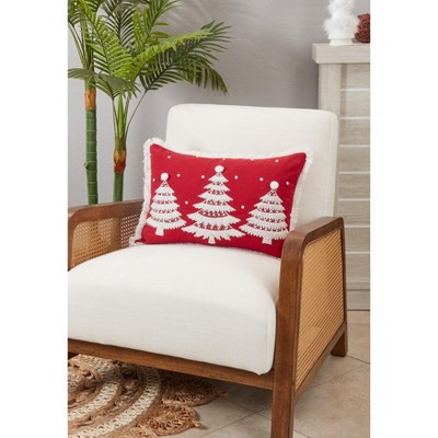 Holiday Charm Red Christmas Trees Fringed Throw Pillow