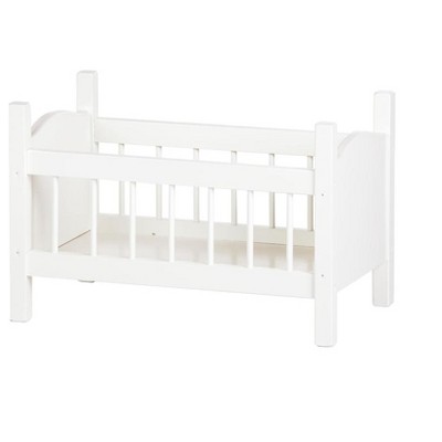 white wooden doll crib