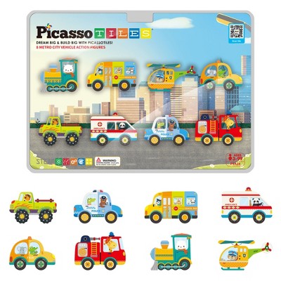 PICASSO-TILES 8 PC Metro City Vehicle Themed, Magnetic Tiles, Building Blocks, STEM Toys for Kids 3+