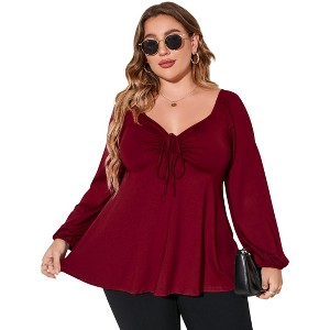 Coolmee Women's Plus Size Blouses Long Sleeve Sweetheart Neck Babydoll Ruffle Peplum Smocked Cute Casual Tops with Drawstring - 1 of 4