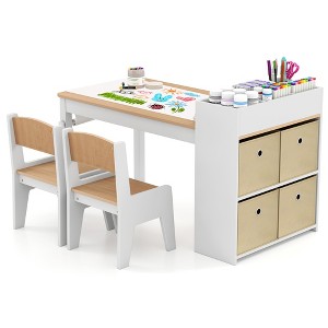 Costway Kids Art Table & Chairs Set with Paper Roll Wooden Craft Study Desk Active Play Gray/Natural - 1 of 4