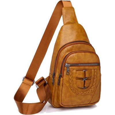 Paaaawaters Sling Bag For Women, Multi Pockets CrossBody Bags, Purses Fanny Packs, Vegan Retro Leather Braiding Sling Backpack for Travel