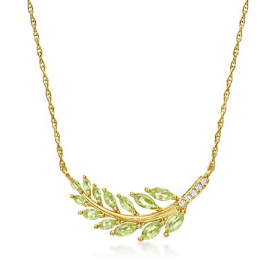 Ross-Simons 1.20 ct. t.w. Peridot Leaf Necklace With Diamonds in 18kt Gold Over Sterling Size 16