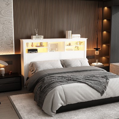 Famapy White Headboard With Storage Shelves & Remote Adjustable Light