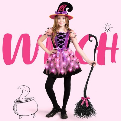 Joyfy Girls Light Up Witch Costume, Kids Witch Costume with Hat and Broom for Toddler Halloween Dress Party