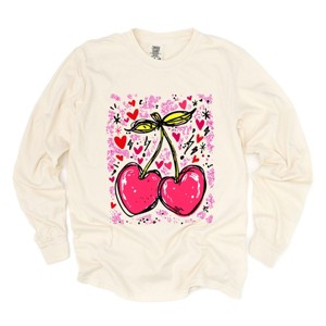 Cherry Hearts Grunge - Women's Garment Dyed Long Sleeve Graphic T-Shirt - 1 of 4