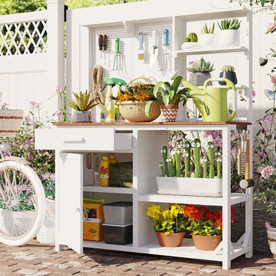 Outdoor Potting Bench, Garden Workstation for Planting, Potting Bench with Shelves and Adjustable Storage, Wood Potting Bench-Coolbibila