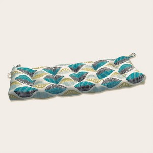 Leaf Block Outdoor/Indoor Blown Bench Cushion Teal/Citron - Pillow Perfect - 1 of 4