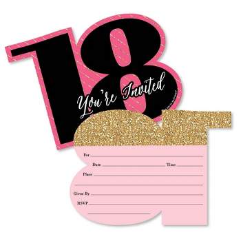 Big Dot of Happiness Chic 18th Birthday - Pink, Black and Gold - Shaped Fill-in Invites - Birthday Party Invitation Cards with Envelopes - Set of 12