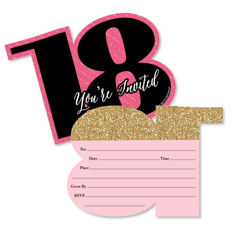 Big Dot of Happiness Chic 18th Birthday - Pink, Black and Gold - Shaped Fill-in Invites - Birthday Party Invitation Cards with Envelopes - Set of 12, 1 of 8