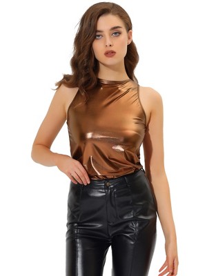 INSPIRE CHIC Women's Party Shiny Sleeveless Keyhole Back Club Metallic Tank Top
