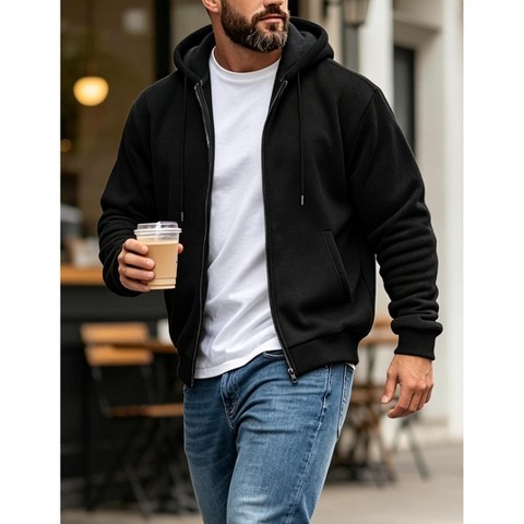 Мужское пальто YesFashion Men Full Zip Hooded Sweatshirt Jacket Drawstring Outerwear Long Sleeve Casual Zip‑Up Coat, XL, Black, цвет: Чёрный