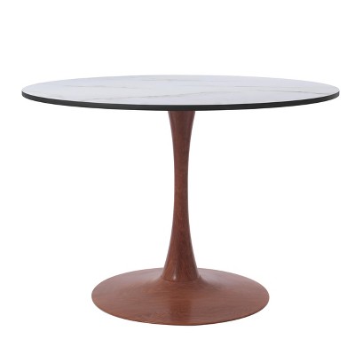 LeisureMod Bristol 35'' Modern Round Dining Table – Durable MDF Top and Wood-Transfer Cherry Steel Base for Kitchen, Dining Room, or Cafes