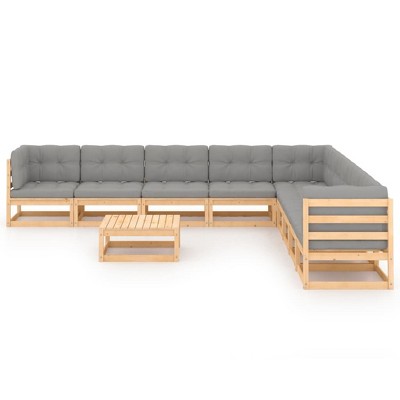 vidaXL 10 Piece Patio Lounge Set, Solid Pinewood Construction, Rustic Design, Gray Polyester Cushions, Patio Furniture Set