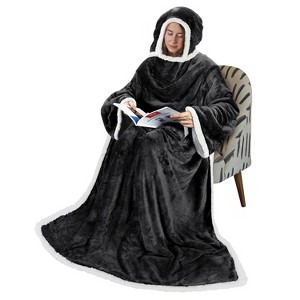 Tirrinia Fleece Hood Wearable Blanket for Adults, Comfy Warm Plush Throw with Sleeves TV Blanket Wrap Robe Hoodie Cover for Sofa, 72" x 55" - 1 of 4