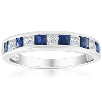 Pompeii3 1 Ct Princess Cut Blue Sapphire & Diamond Ladies Wedding Ring 14k White Gold