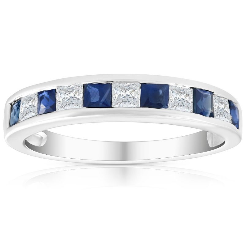 Pompeii3 1 Ct Princess Cut Blue Sapphire & Diamond Ladies Wedding Ring 14k White Gold, 1 of 6