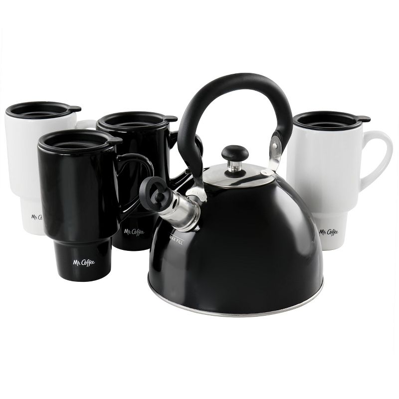 Mr. Coffee 9 Piece Whistling Tea Kettle and Travel Mug Set in Black and White, 1 of 10