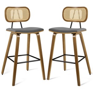Bekrvio 26" Mid Century Modern Counter Height Bar Stools - Rattan Cane Back, Wood, PU Leather Upholstered for Kitchen Island Dining - 1 of 4