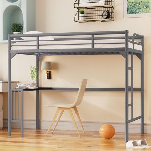 Okak Minimalism Loft Bed with Build-In Desk, Twin Loft Bed with Ladder and Guardrails, Bed Frames for Kids and Teenagers - 1 of 4