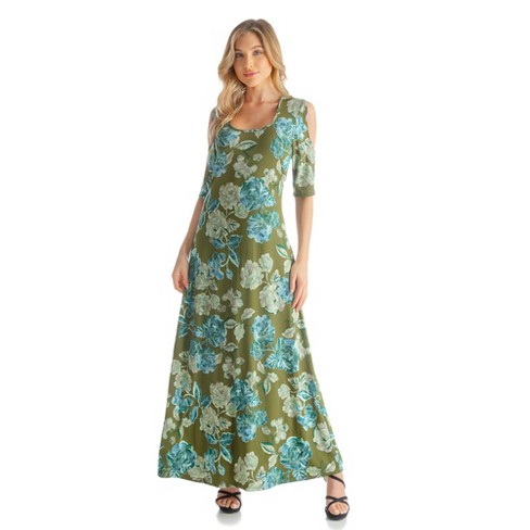 Womens Green Floral Cold Shoulder Casual Flowy Maxi Dress : Target