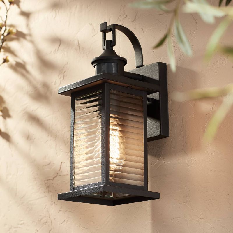 John Timberland Cameron Mission Outdoor Wall Light Fixture Textured Black Motion Sensor Dusk to Dawn 13 3/4" Clear Stripped Glass for Post Exterior, 2 of 9