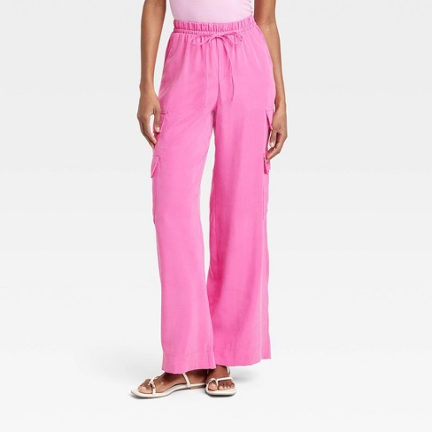 HUPOM Womens Dress Pants Stretchy Cargo Pants Trousers High Waist Rise  Short Straight-Leg Pink 3XL 