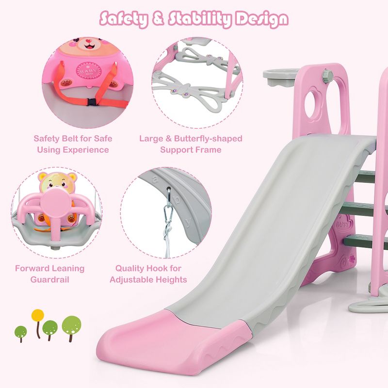Costway 4-in-1 Kids Play Climber Playset w/ Basketball Hoop & Ball Pink, 5 of 11